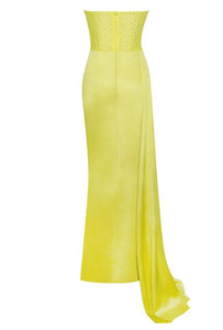 Holy Lemon Crystal corset High slit satin gown