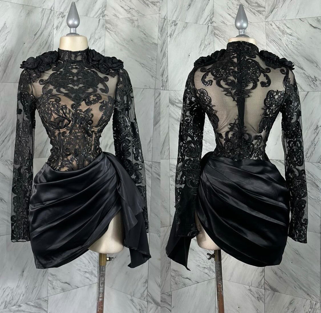 Embroidery mesh black rose dress