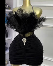 Load image into Gallery viewer, Barbie feather ruched dress with Diamond Brooch
