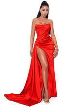 Load image into Gallery viewer, Holly Red Crystallized Corset High Slit Satin Gown
