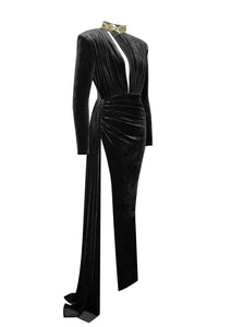 Zenaida Black Cutout High Slit Velvet Gown