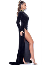 Load image into Gallery viewer, Zenaida Black Cutout High Slit Velvet Gown
