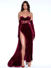 Load image into Gallery viewer, Octavia Burgundy Draping Crystal Corset High Slit Velvet Gown
