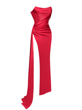 Load image into Gallery viewer, Holly Red Crystallized Corset High Slit Satin Gown
